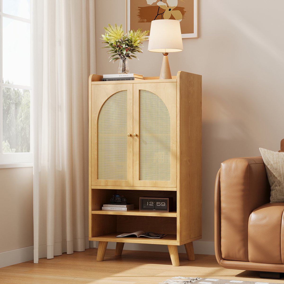 Wishdor Dressoir - 2 Rotan Deuren - 2 Open Vakken - Boho/Scandi Stijl - Spaanplaat - Naturel - 60 X 40 X 121 Cm