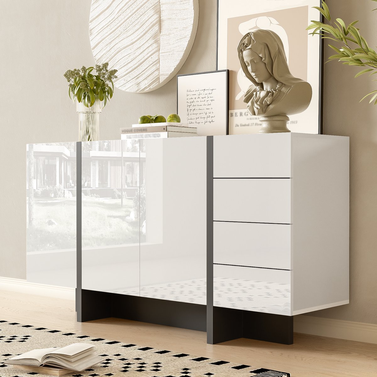 Wishdor Dressoir - Hoogglans Afwerking - 2 Deuren En 4 Lades - Modern Minimalistisch - Woonkamer Of Eetkamer - MDF En Spaanplaat - Wit En Zwart - 150 X 40 X 80,5 Cm