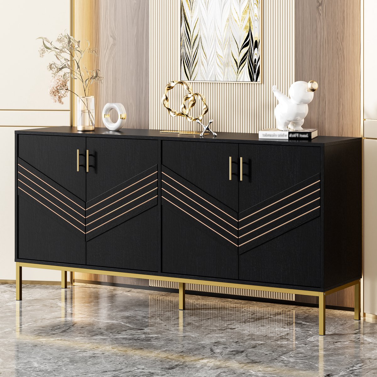 Wishdor Dressoir - 4 Deuren - Verstelbare Legplanken - Geometrisch Deurpatroon - MDF - Zwart Met Houtnerf - 160 X 40 X 80,5 Cm zwart + Hout