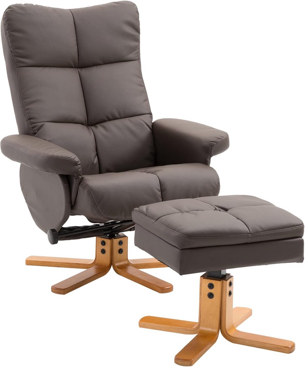 Relaxstoel met voetenbank en opbergruimte, draaibare stoel met ligfunctie, PU bekleding, bruin