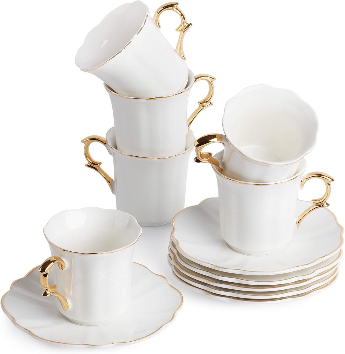 Set van 6 Witte Espsressokopjes met Gouden Rand en Schotels - Vaatwasmachinebestendig Porseleinen Koffiekopjes voor Koffieliefhebbers