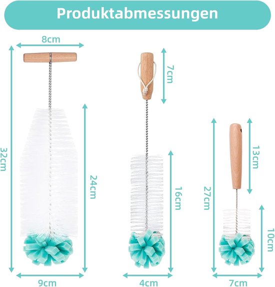Flessenborstel Set voor Glazen en Kunststof Flessen - 3 Stuks, 32 cm Reinigingsborstel met Zachte Spons voor Baby- en Drinkflessen — afbeelding 4