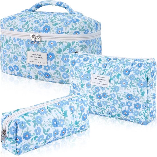 Make-up tas set - gewatteerde tas - grote make-up tas voor dames met bloemenprint - make-up tas met bloemenpatroon - schattige katoenen make-up tas - toilettas - reisformaat organizer voor cosmetica en toiletartikelen