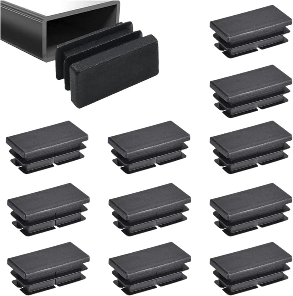 12x Zwarte Buisdoppen voor Metaal - Stootdoppen voor Poten Fauteuils en Tafels 40x20 mm