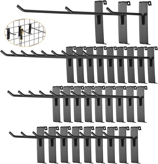 Gridwall Hooks 30 Pieces - 10/15/20cm - Iron - Black - Commercial Quality - Grid Wall Panels Accessory - Garage - Shop - Opbergaccessoires
