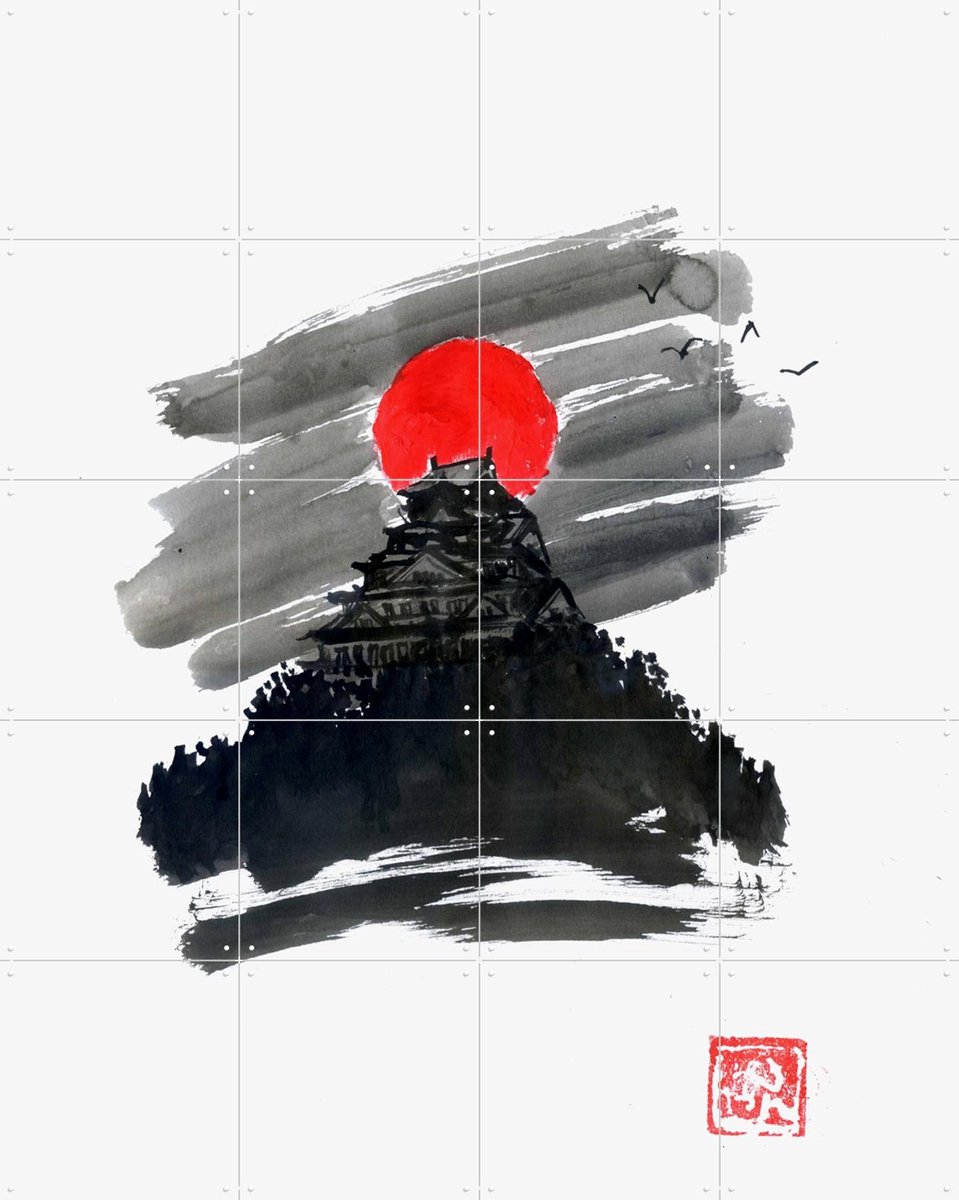 IXXI Temple Red Moon, Péchane - 80 x 100 cm - Gratis ophangtool - Grote wanddecoratie en posters - Illustraties, Ukiyo-e, Aquarel, Mancave, Woonkamer