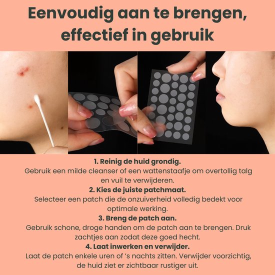 Collage van de toepassing van puistjespatches: huidreiniger, patch selectie, patch applicatie en verwijdering.