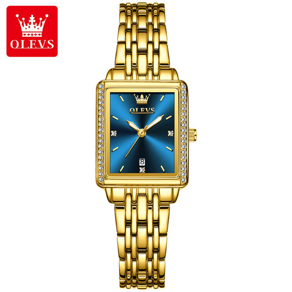 HO-9995.bl : OLEVS Dames retro goudkleurig edelstalen quartz horloge, blauwe wijzerplaat, kalenderdag