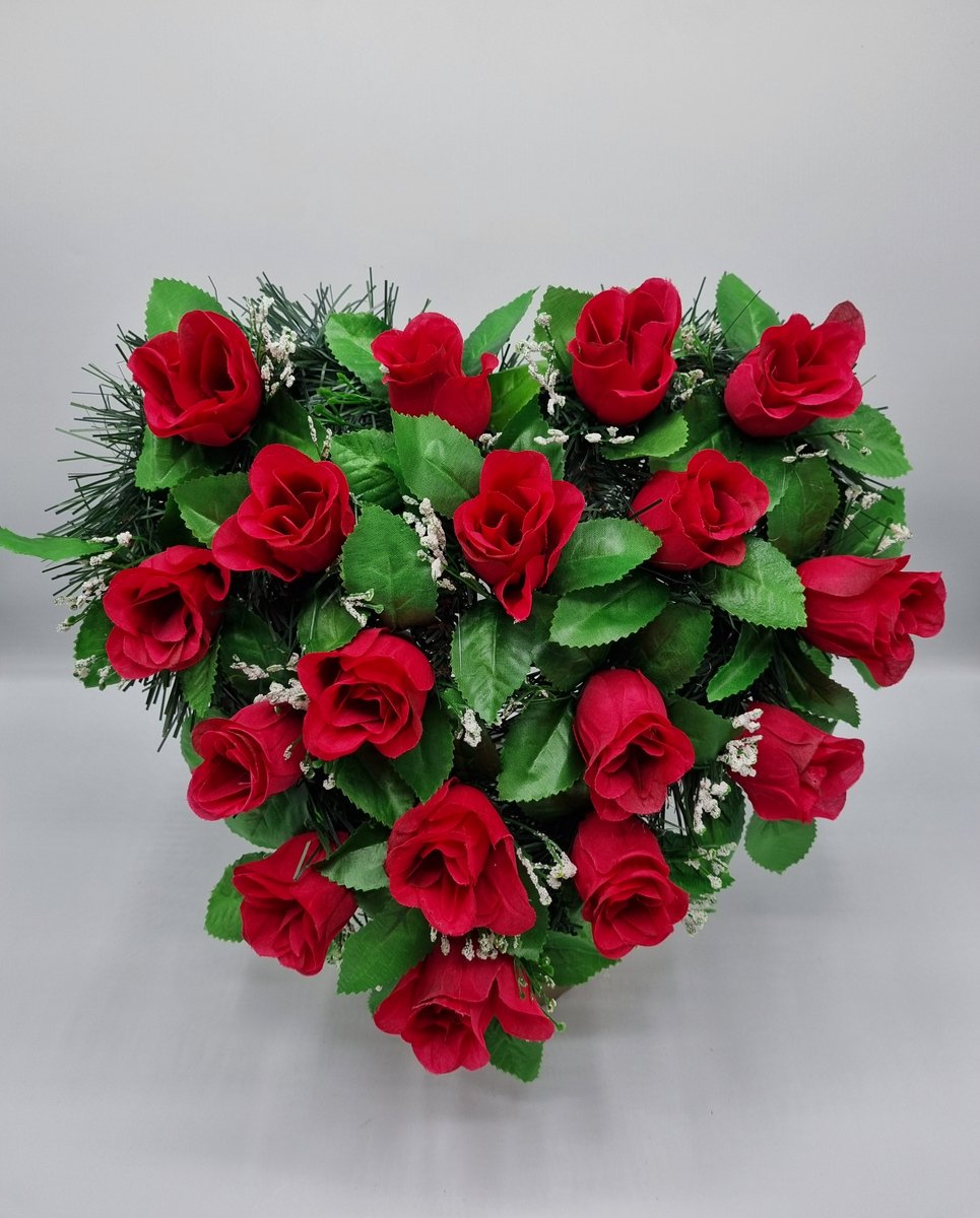 Bloemstuk - W847-07 - Hart - Roos - Rood - 30cm - Verzwaard - Buigzaam - Grafdecoratie