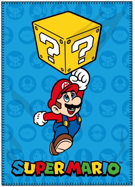 Mario springt omhoog met een vraagtekenblok, op een blauw plaid met Mario-iconen.