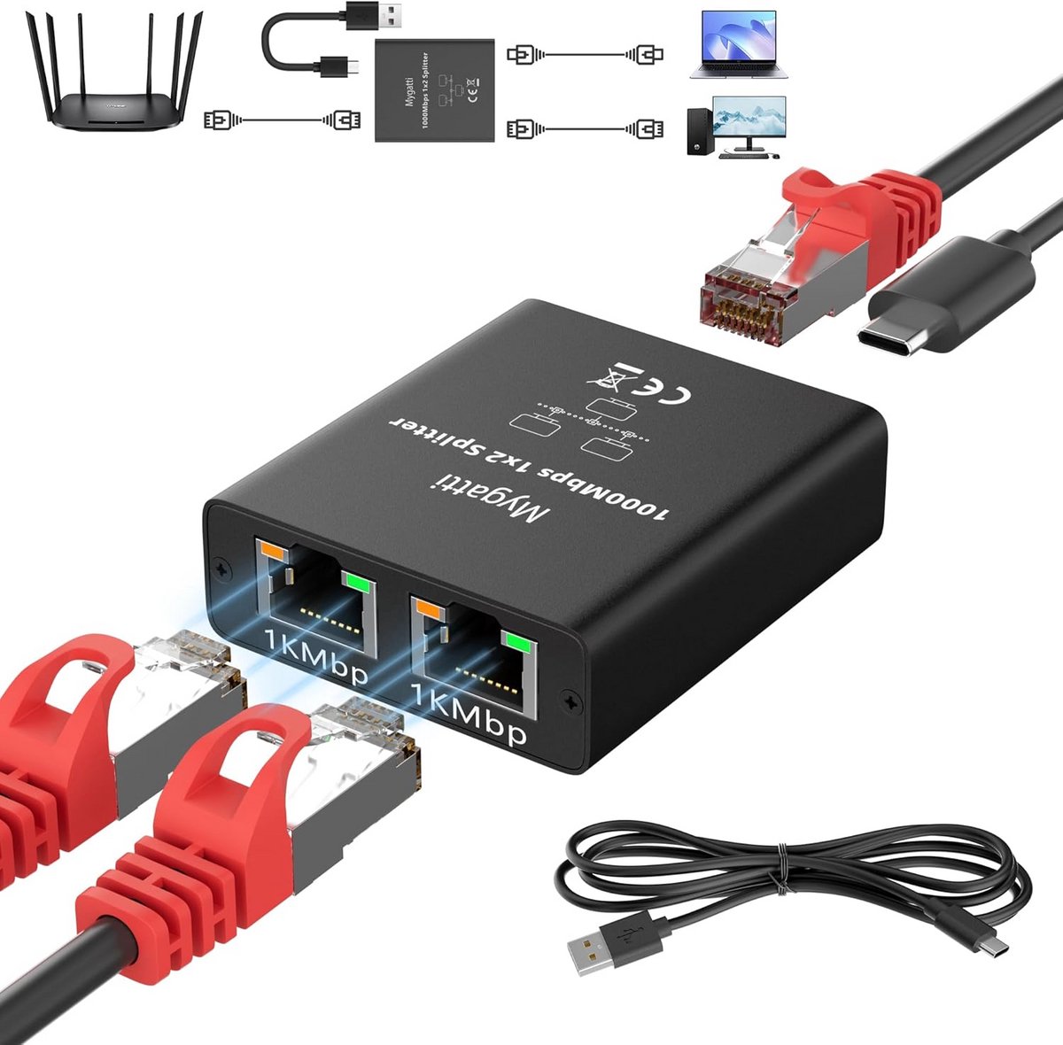 Netwerk Splitter RJ45 Adapter 1 naar 2 Poorten Gigabit Ethernet