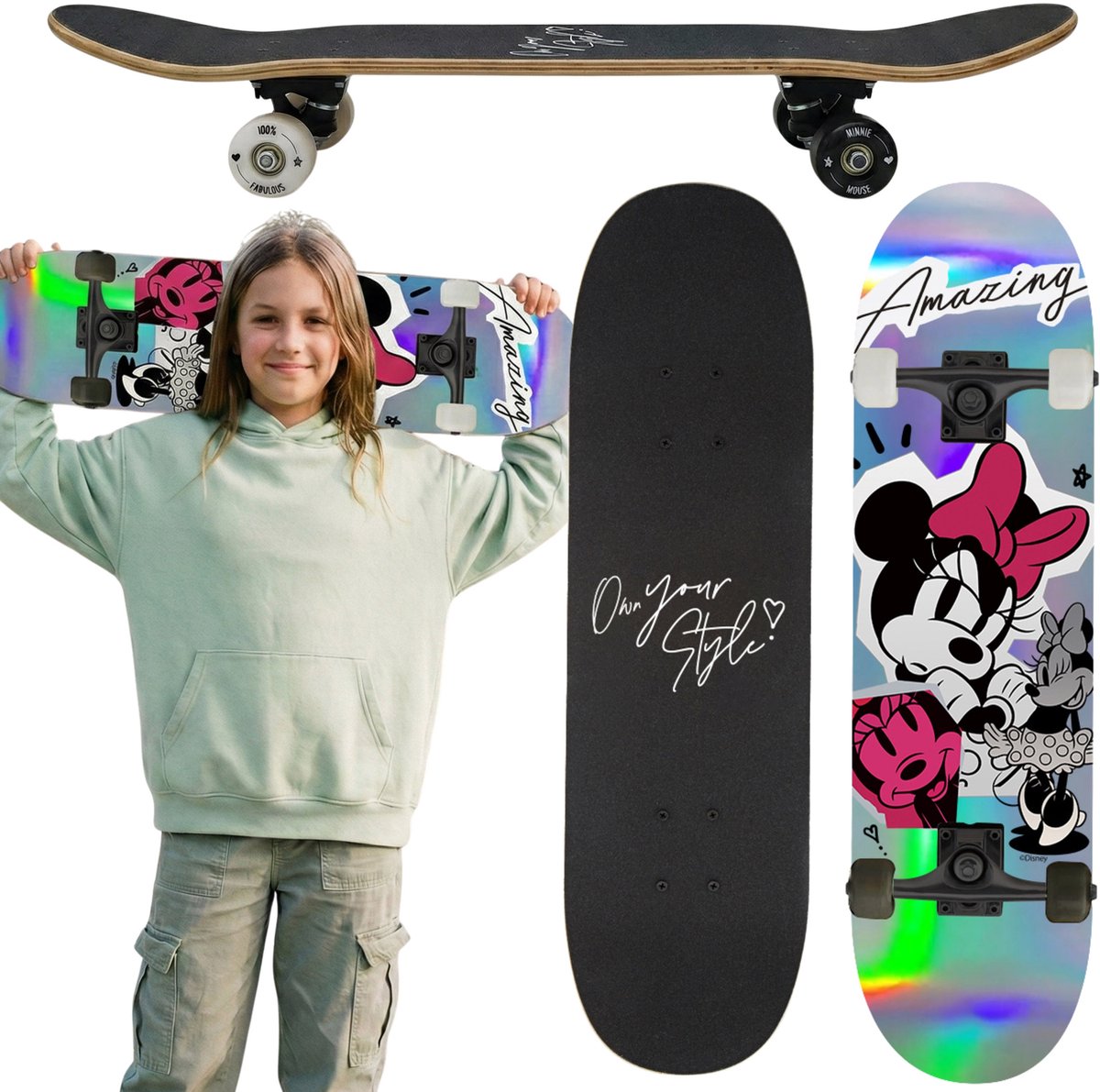 DISNEY Mouse HOLO Houten skateboard voor jongeren 79 cm antislipboard groot tot 100 kg Veelkleurig Minnie