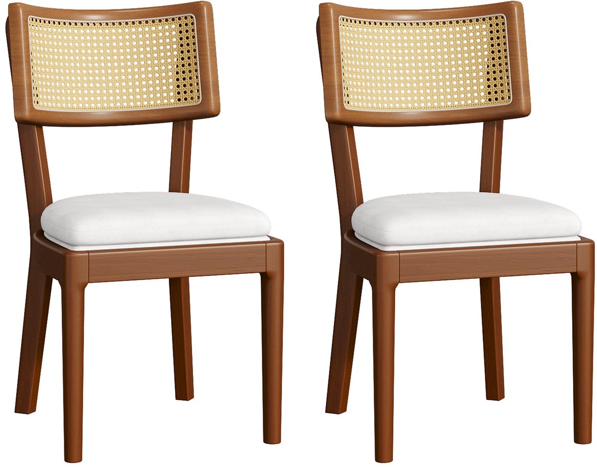 Merax Eetkamerstoelen Set van 2 – Massief Hout Nussbaumlook – Rattan Rugleuning – Linnen Zitkussen – 120 kg