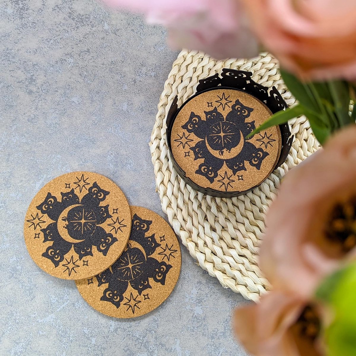 Set van 6 Uil Onderzetters met Houders - Decoratief en Absorberend voor Drankjes
