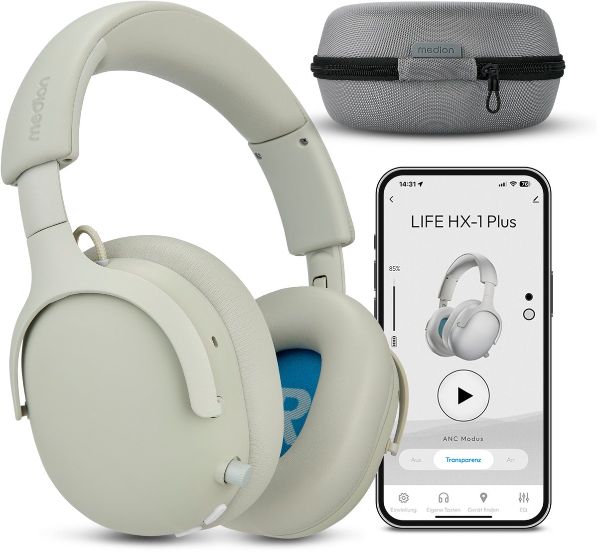 MEDION Over Ear koptelefoon HX-1 Plus (draadloos, Feed Forward Noise Cancelling, Bluetooth 6.0, 5+1 EQ-presets, tot 100 u batterijduur, spatwaterdicht IPX4), monochroom