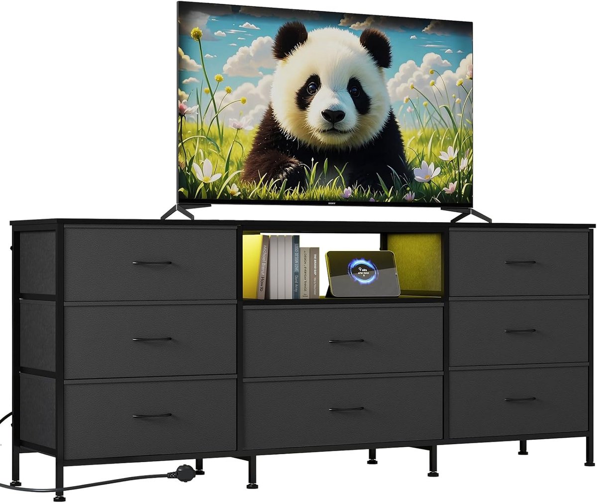 Commode TV- Meubel TV met LED en 8 Lades - TV‑meubel 160 x 35 x 68 cm - met Stalen Frame & Spaanplaten - Groot Opbergvak voor Woonkamer & Slaapkamer - Grijs