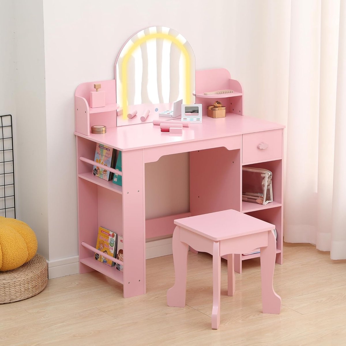 Kinder Kaptafel met Verlichte Spiegel - 2‑in‑1 Kaptafel & Krukje voor Meisjes 3‑9 Jaar, met Boekenkast, Lade & Open Planken, Roze