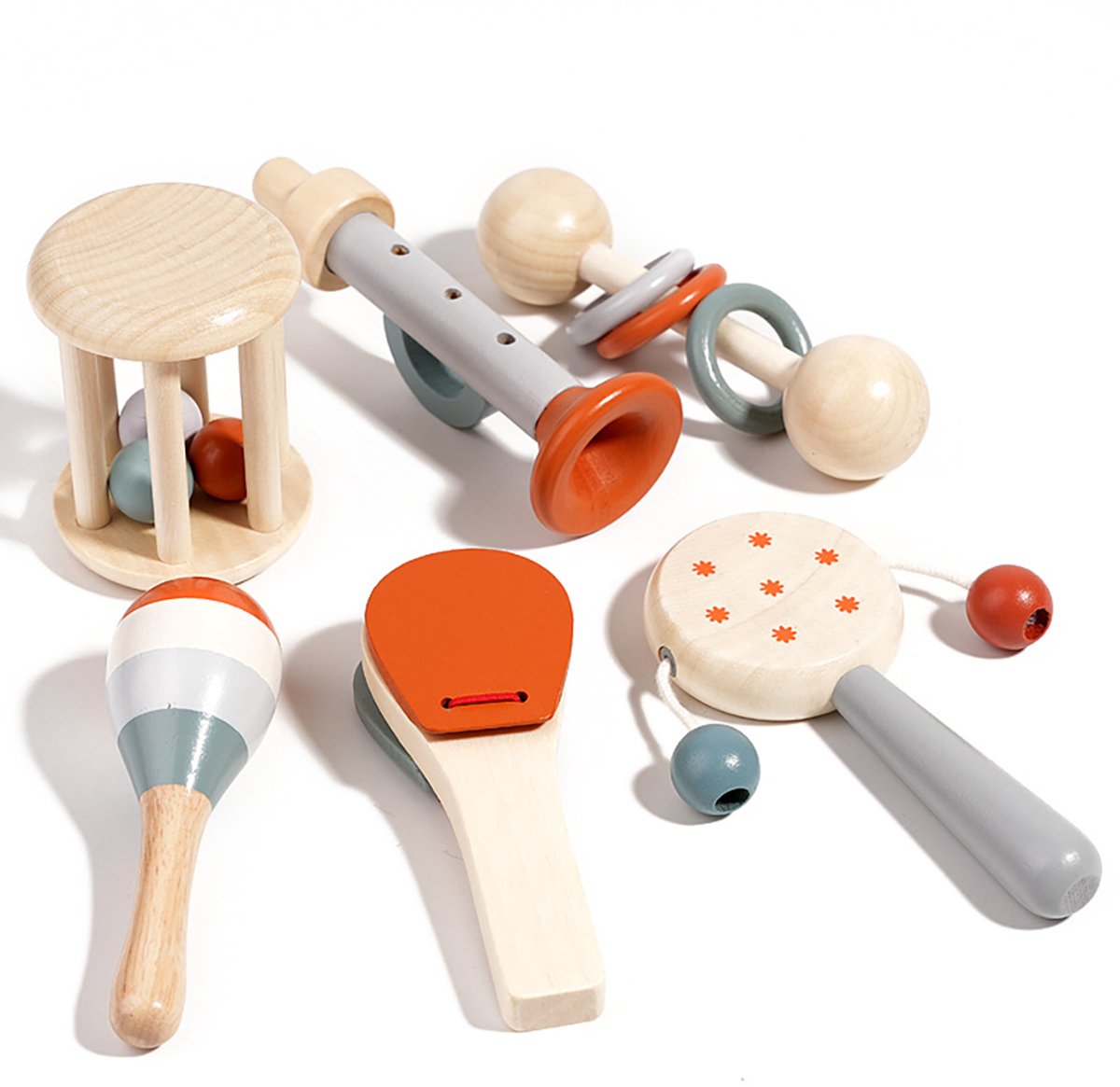 6 stuks houten rammelaars voor baby's, Montessori-speelgoed, muziekinstrumenten, houten rammelaars voor peuters en kleuters, speelgoedset voor grijp- en sensorische ontwikkeling, verjaardagscadeau voor jongens en meisjes