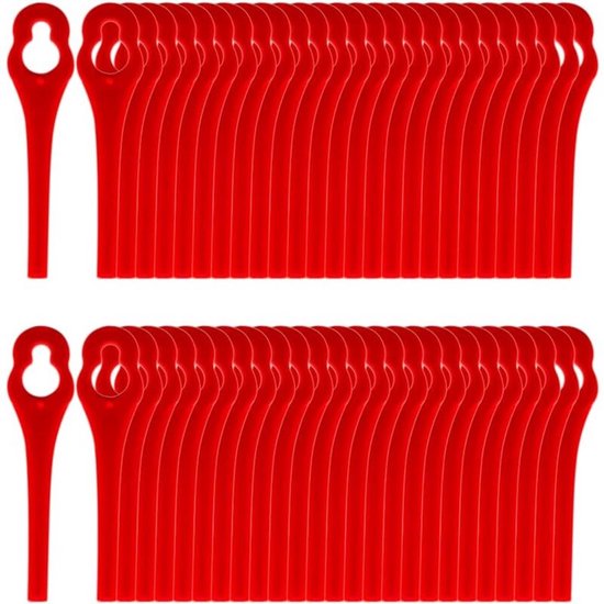 Deux rangées de 50 lames de débroussailleuse en plastique rouge chacune, avec deux lames séparées sur le côté.