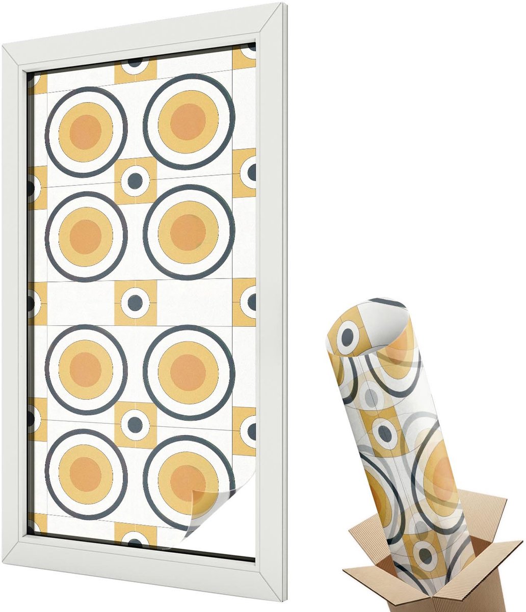 Wallfluent Glas in Lood Raamfolie - Retro cirkels Glas in Lood Folie - 50x100 cm - Geel Plakfolie Raam Glas in Lood - Decoratieve Plakfolie Glas in Lood - Voor de woonkamer, voor het kantoor, voor de hal - Glas in Lood Folie voor Raam