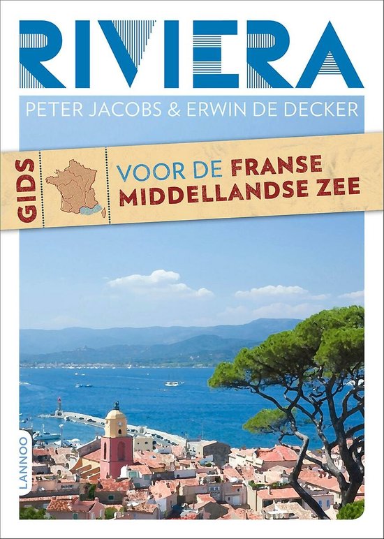 Voorzijde 'Riviera Gids' boek. Titel bovenaan. Onderste deel toont pittoresk havenstadje aan de Middellandse Zee.