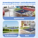 Pingpongtafel in blauw en groen, opgesteld in een speelkamer, buiten en in een kantoor. Met net, batjes en balletjes.