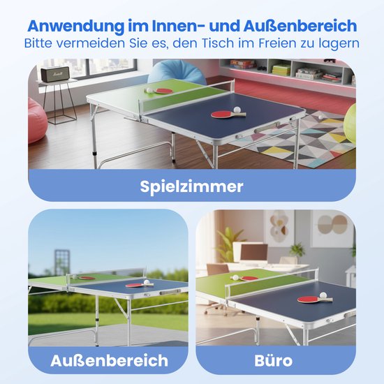 Pingpongtafel in blauw en groen, opgesteld in een speelkamer, buiten en in een kantoor. Met net, batjes en balletjes.