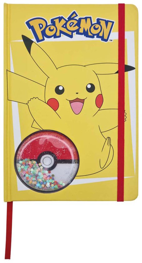 Carnet jaune Pokémon avec Pikachu et une Pokéball à paillettes.