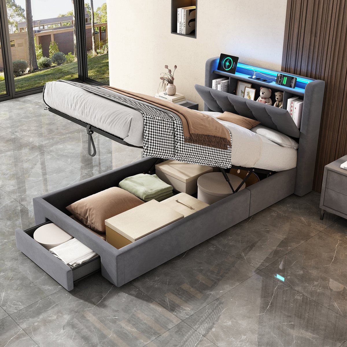 OKWISH Bed 90 x 200cm - Eenpersoonsbed Met Opbergruimte En Lades - LED Verlichting En USB - Fluwelen Bedframe - Donkergrijs