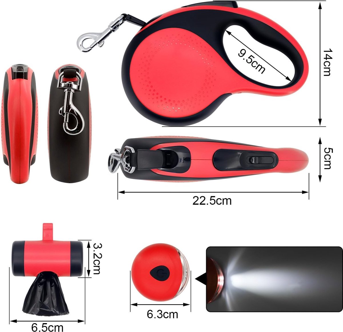 Sander Shop 8 m lange intrekbare hondenriem met poepzakhouder, zwaar belastbare huisdierriem - duurzame automatische uitschuifbare hondentrainingslijn met schijnwerper,Rood thumbnail 5