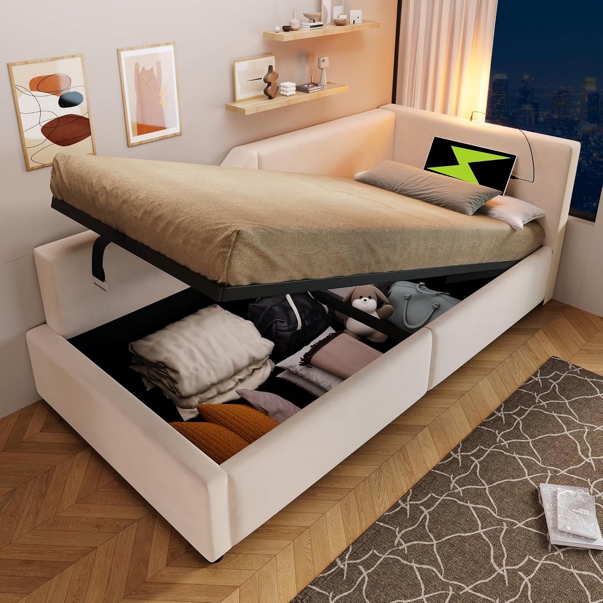Comfortabele Bedbank met Opbergruimte, USB-C Oplader en Leeslamp - 90x190 cm - Gestoffeerd