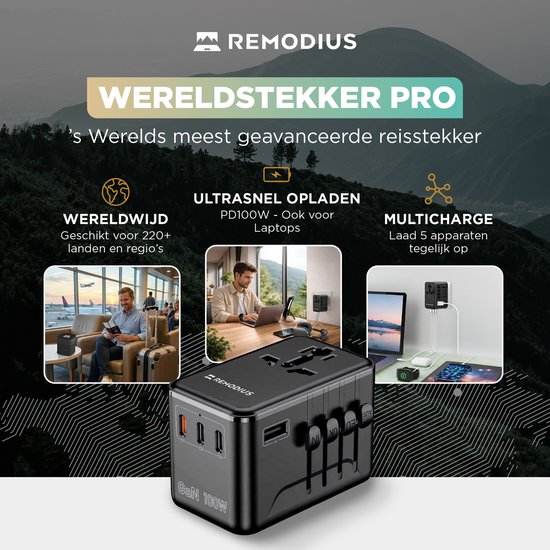 Remodius Wereldstekker PRO, de meest geavanceerde reisstekker ter wereld voor 220+ landen.