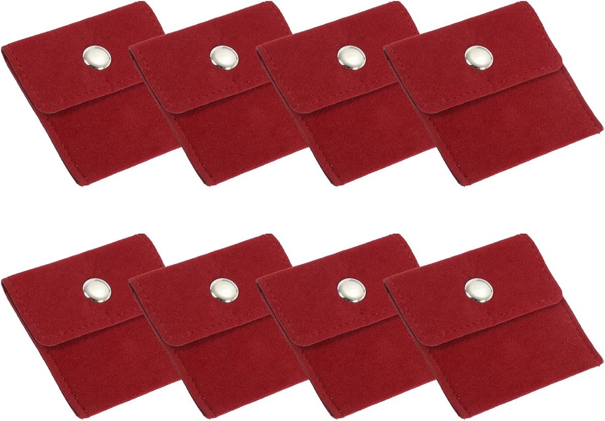9x7.5cm Sieraden Tas - 8 Stuks Fluwelen Tassen met Drukknop - Draagbare Opberg Tas voor Oorbellen, Armbanden, Kettingen, Ringen, Horloge - Rood