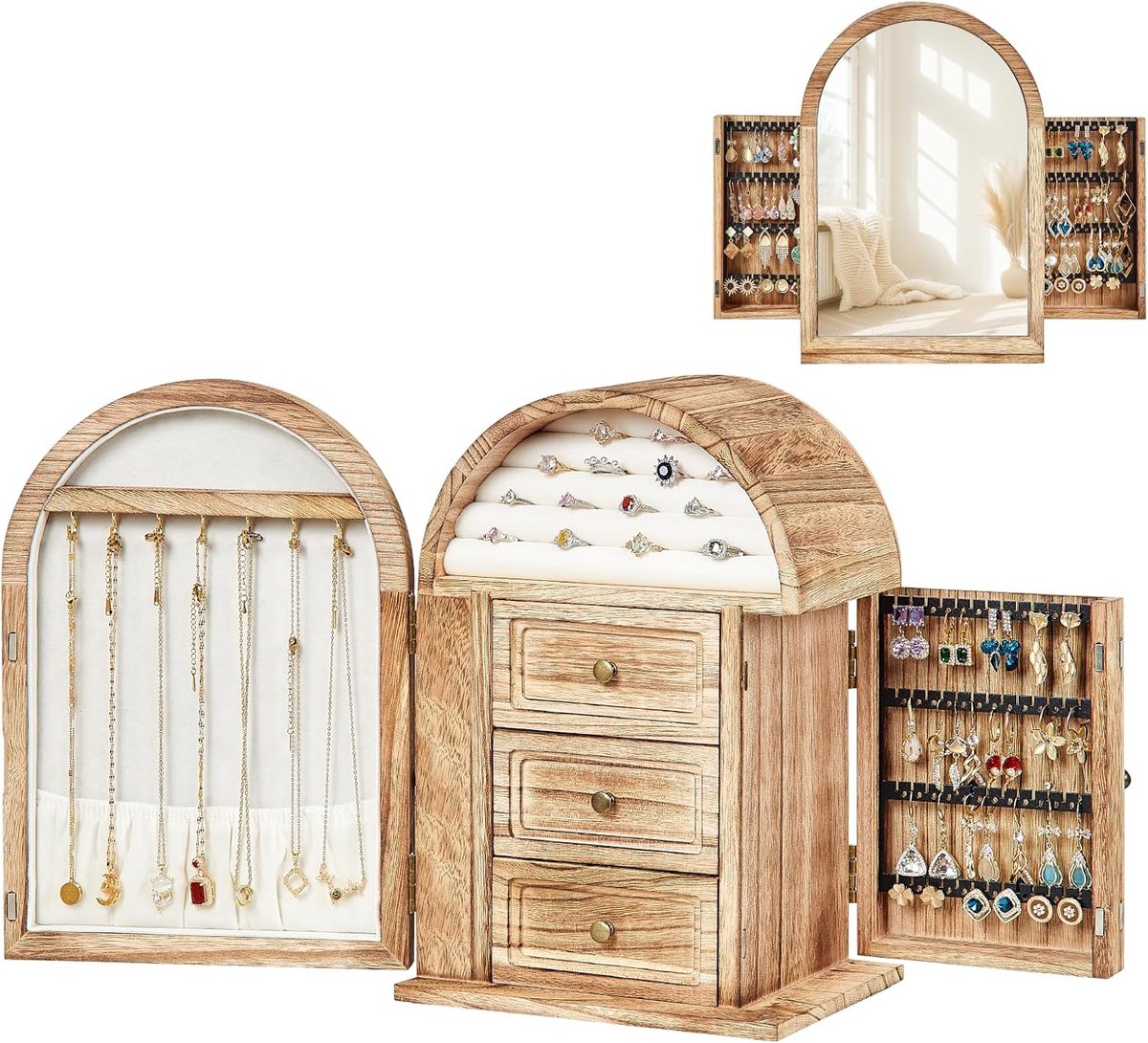 Massief Houten Sieradendoos met Spiegel en Laden Organizer voor Ringen, Kettingen en Oorbellen