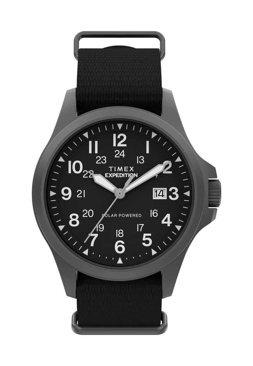 Timex Expedition Field Post Solar Quartz Analoog Horloge Zwart En Gunmetal Kast Gemaakt Van 100% Roestvrij Staal En Een Armband Van 100% Milieubewust Materiaal 41 TW2Y31800AJ