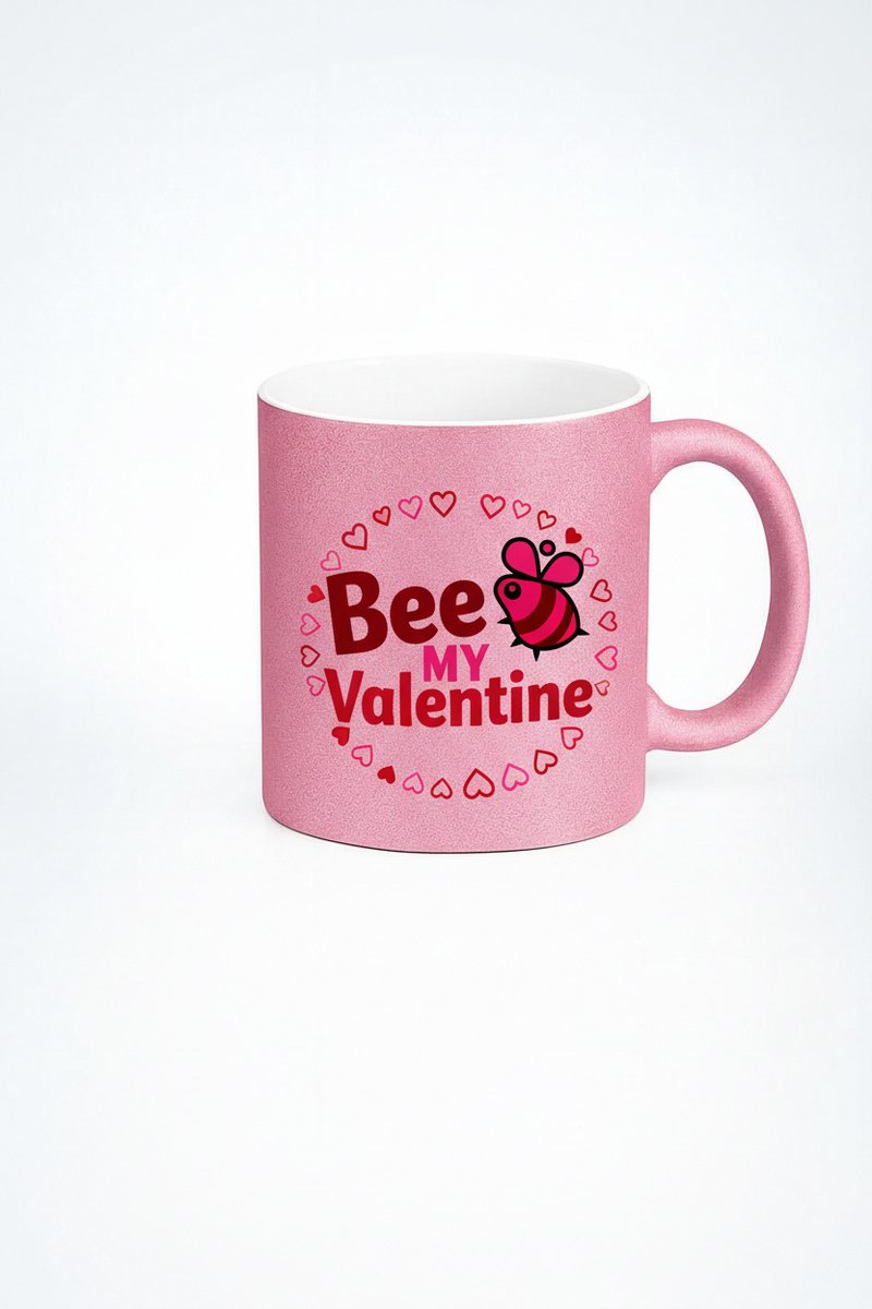 Roze Glitter Mok 'Bee My Valentine' met Bij & Hartjes - Perfect Valentijnscadeau