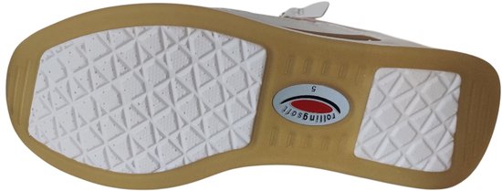 Zool van een witte sneaker met een rits en gouden en taupe accenten.