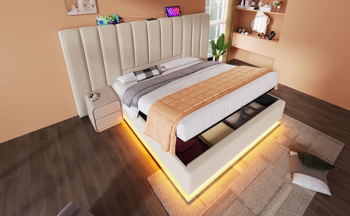 REDOM Opbergbed 160x200 cm – Linnen – Hydraulisch – 360° LED & USB-C – Beige – 200 kg