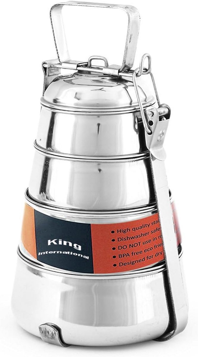 RVS Piramide Tiffin Lunchbox 4 Lagen - Indiase Lunchtrommel met Klemmechanisme