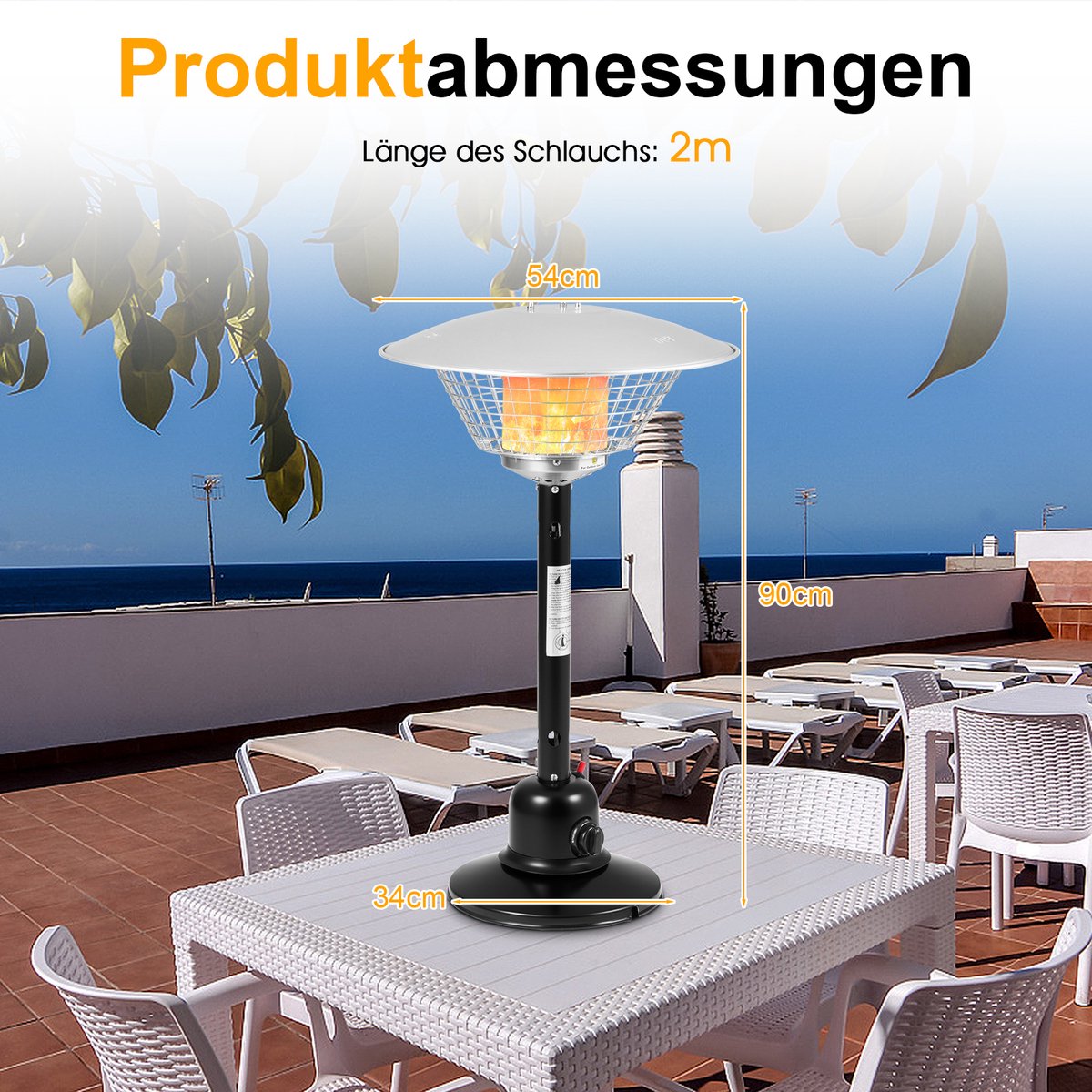 COSTWAY Terrasverwarmer voor Tafelblad, Gasverwarmer, Draagbare Tafelverwarmer met 4000 W Verwarmingsvermogen, Kantel- en Oververhittingsbeveiliging, Paddestoelverwarmer met Verzwaarde Basis voor Tuin en Terras (Zwart) – foto 2