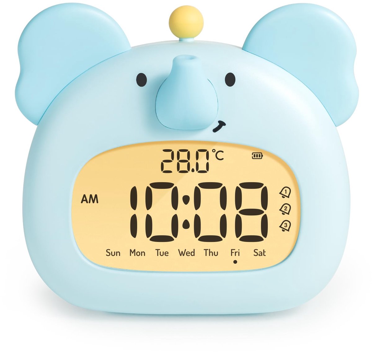 Ynkkvre - Elefanten Deko Kinderwecker - Nachttischwecker Met Nachtlicht - Digitale LED-Display 3,15 Inch Drie Alarme En Datum - 1 Stuk - Babykamer Decoratie Licht Blauw