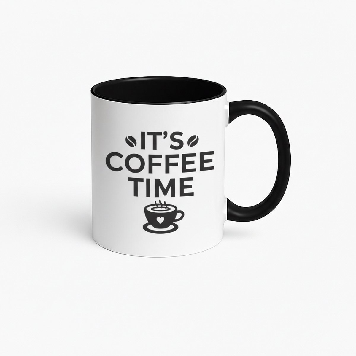 Koffietijd Mok - "It's Coffee Time" Design - Zwart Wit Keramische Koffiemok met Hartje en Koffiebonen