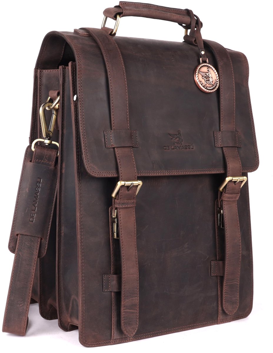 DE LAMASSU® (Adrian) leren laptoptas en rugzak – 2-in-1 rugzak & schoudertas Donker Hunter