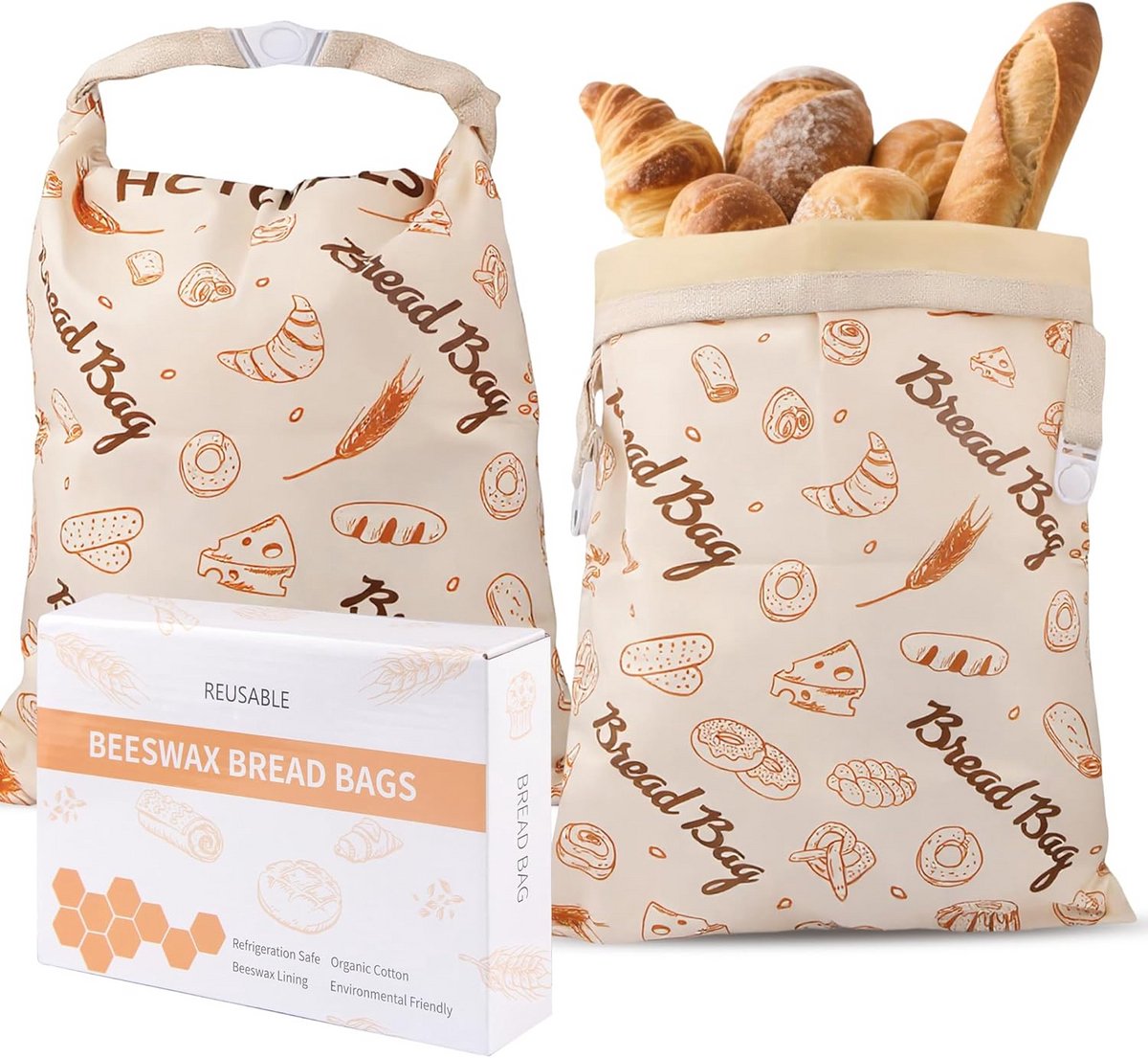 2x Grote Herbruikbare Broodzakken van Bijenwas - Voor Zuurdesem en Zelfgebakken Brood
