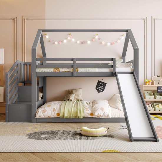 De Beddenkoning Stapelbed - Met bureau en kast - Wit/grijs - 90x200 cm