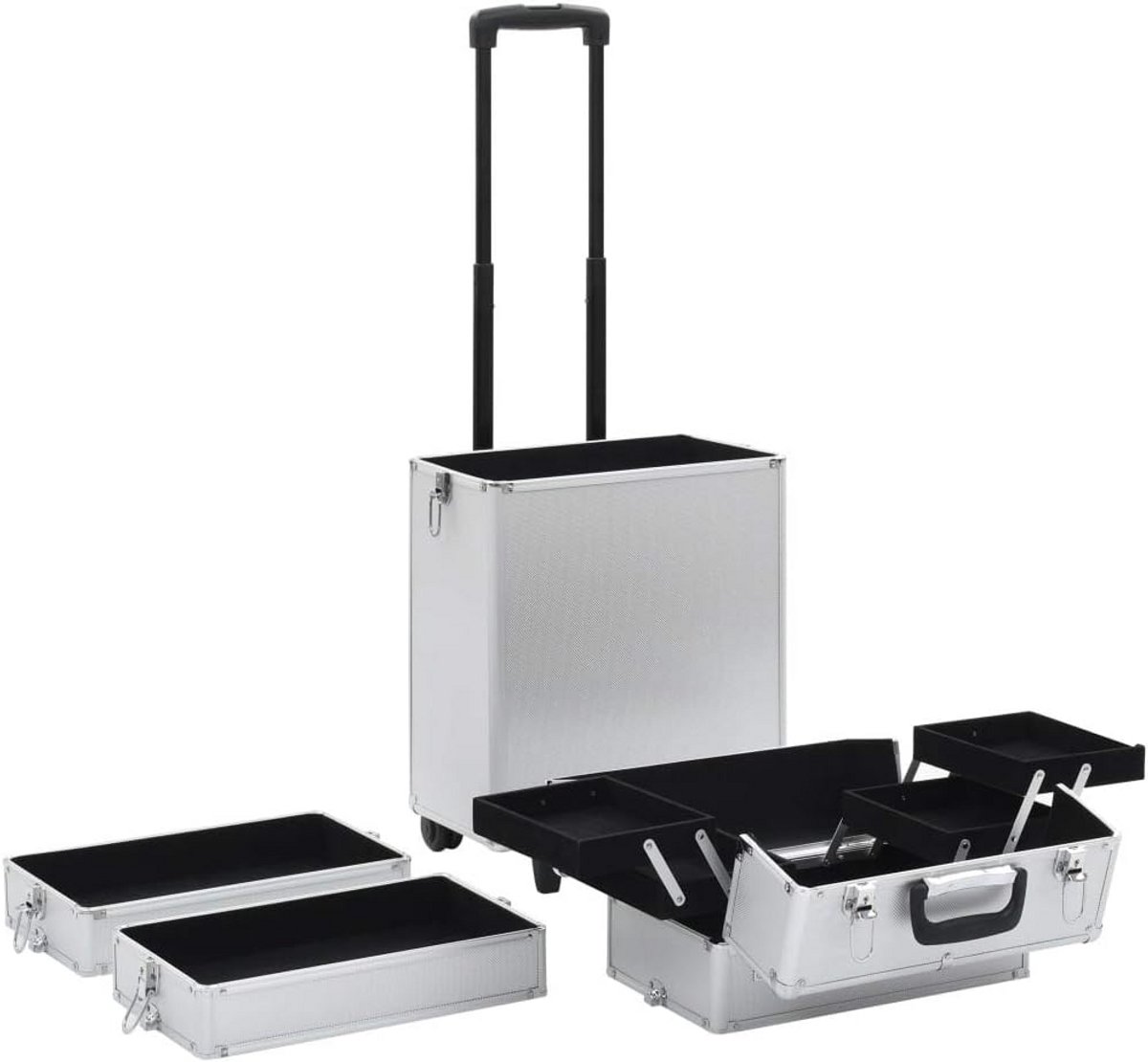 Professionele Make-up Trolley Aluminium Zilver - Uitklapbare Cosmecase met Wieltjes