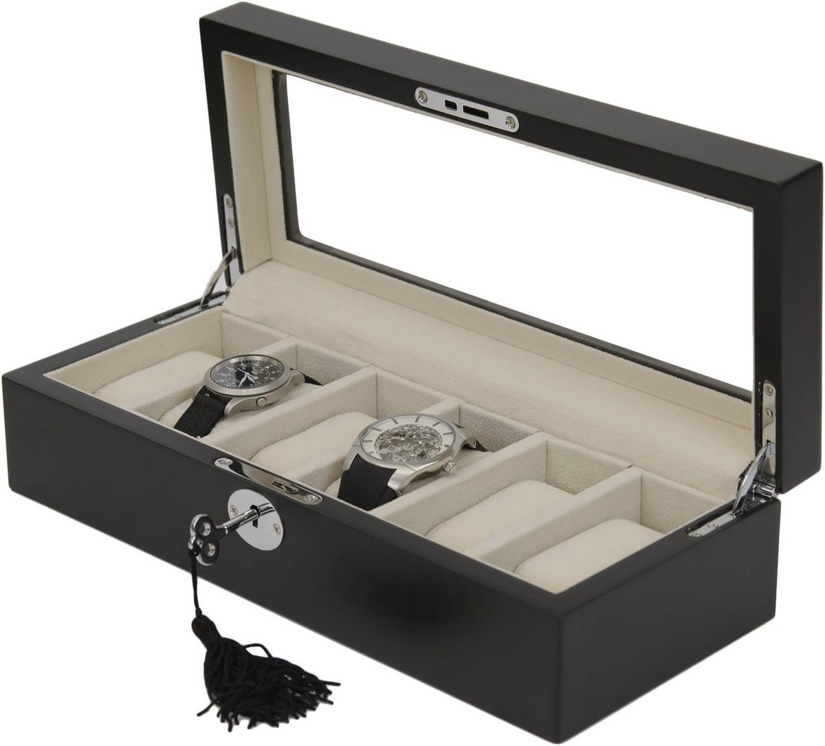 Horloge Display Koffer voor 6 Horloges - Extra Ruimte - Zwart Gelakt met Kijkvenster
