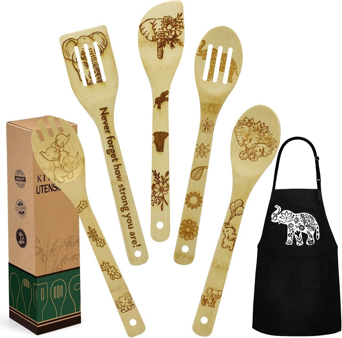Keukengerei Set met Bamboe Lepels en Schort - Cadeau voor Vrouwen en Moederdag