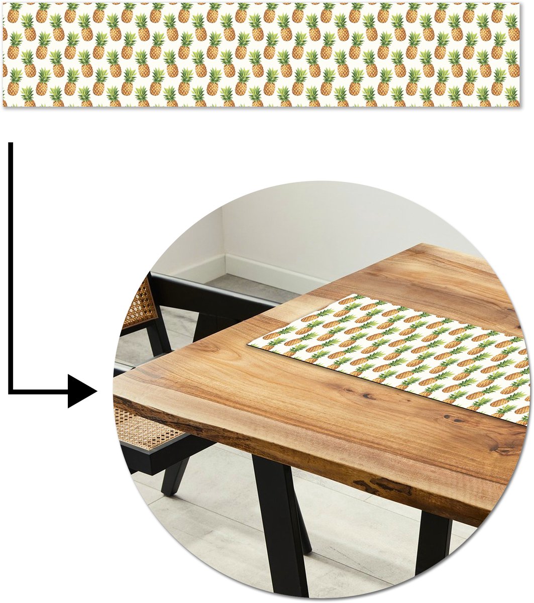 Tafelloper 150x30 cm - Tafelmat vinyl Vintage - Ananas - Blad - Tafeldecoratie - Tafelversiering - Keuken decoratie - Tafel versiering