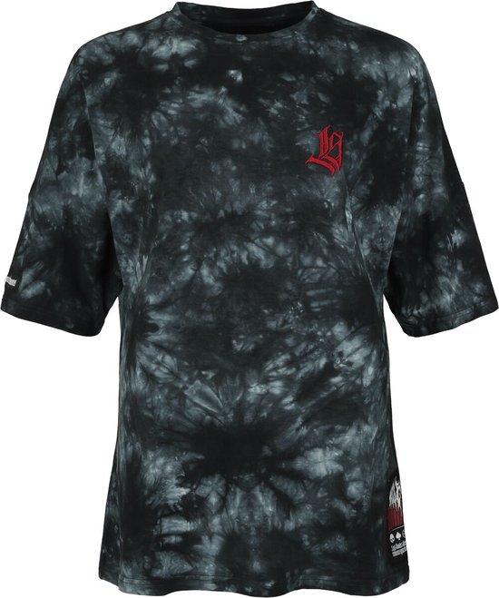 Oversized zwart/grijs tie-dye T-shirt met rode geborduurde 'LG' op de borst en patch op de zoom.